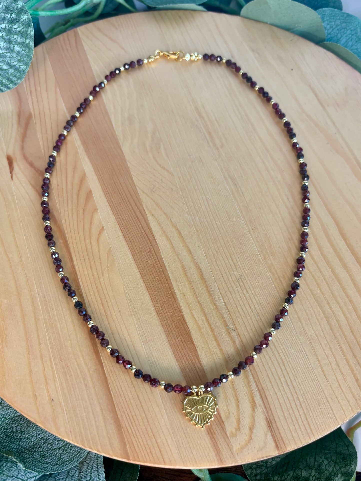 Hand Beaded Necklace - Garnet & Gold Evil Eye Charm