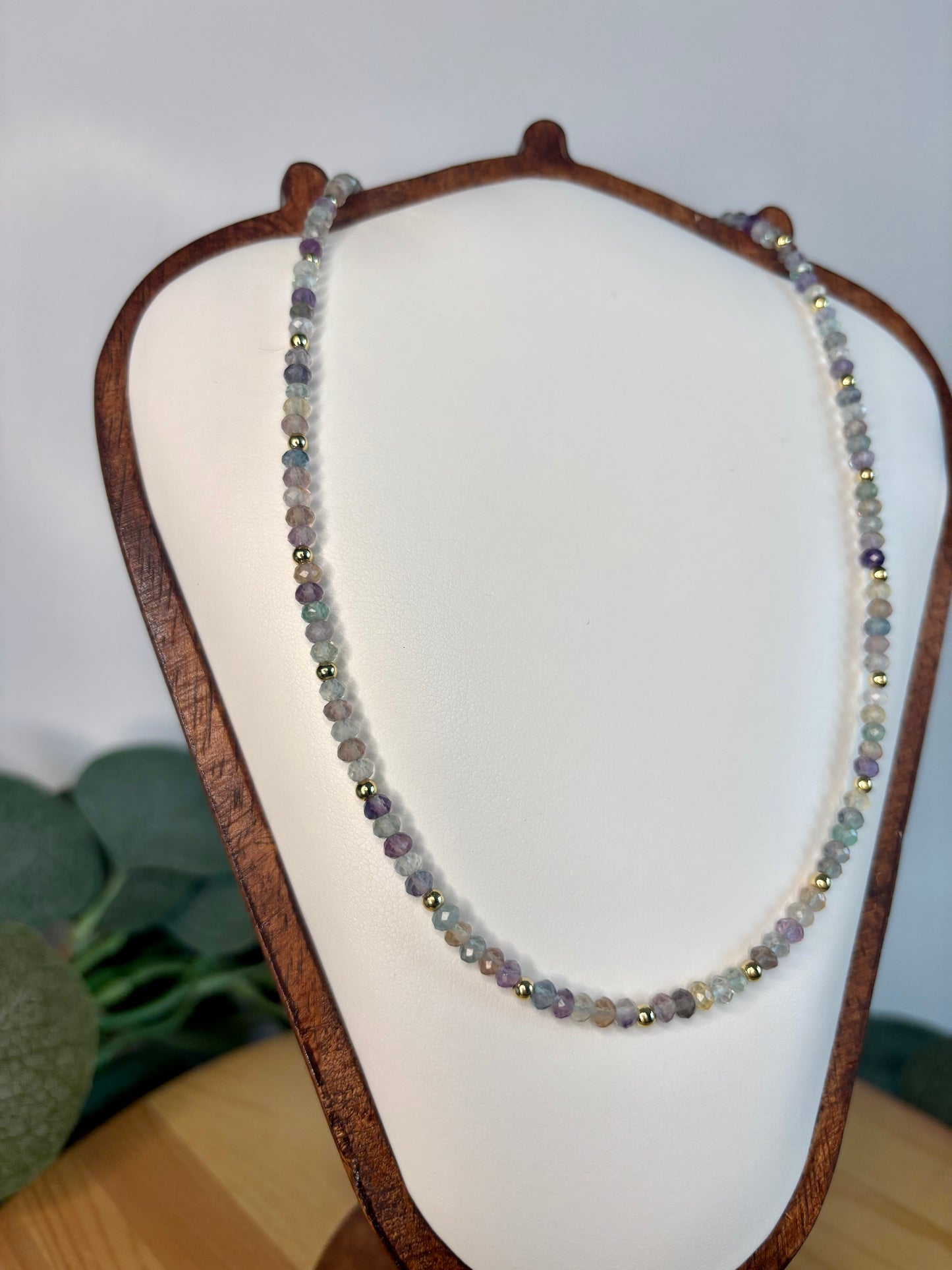 Hand Beaded Necklace - Dainty Rainbow Fluorite & Gold