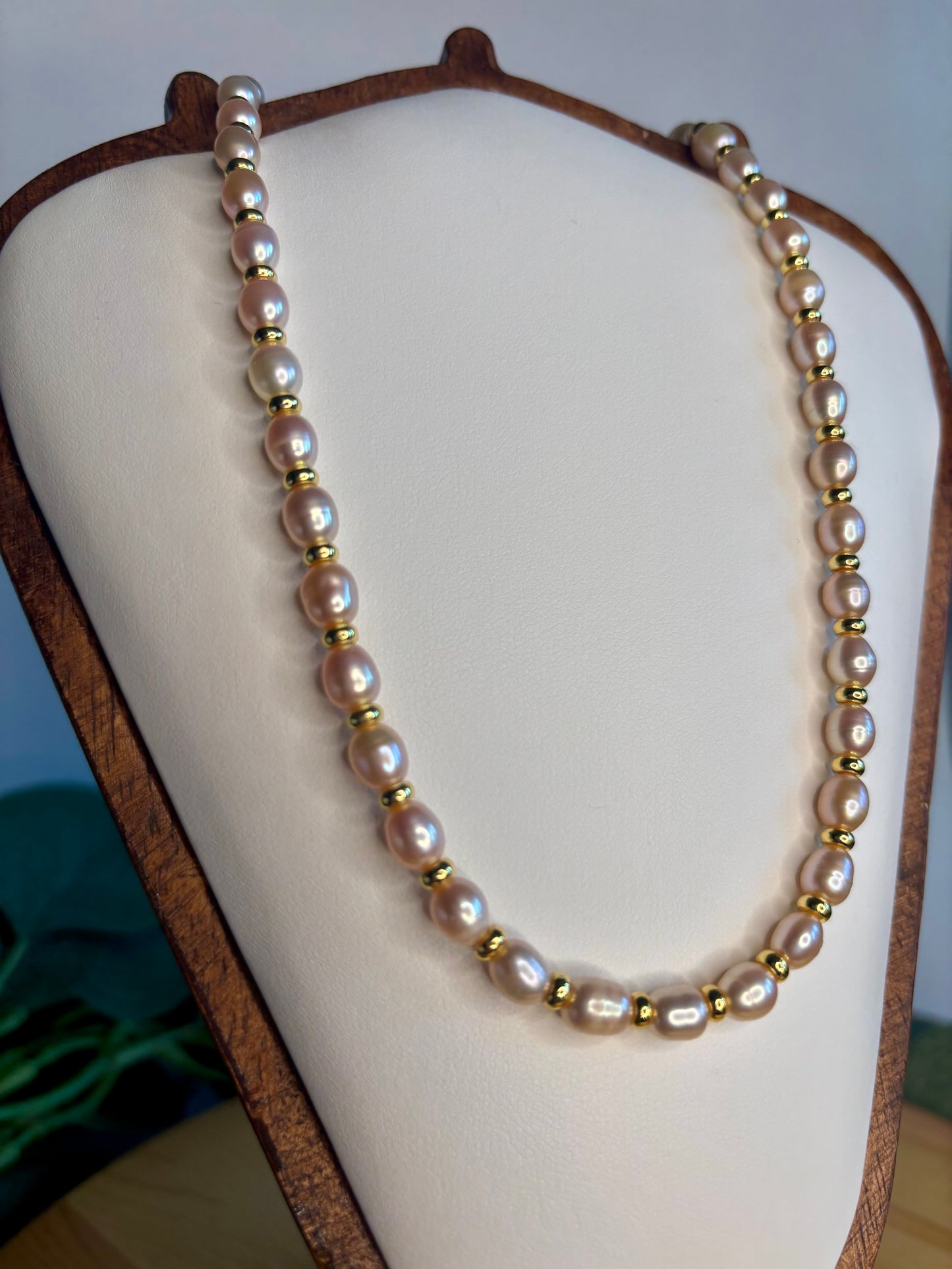 Pink Pearl & 14k Gold Plated Hand Beaded Necklace