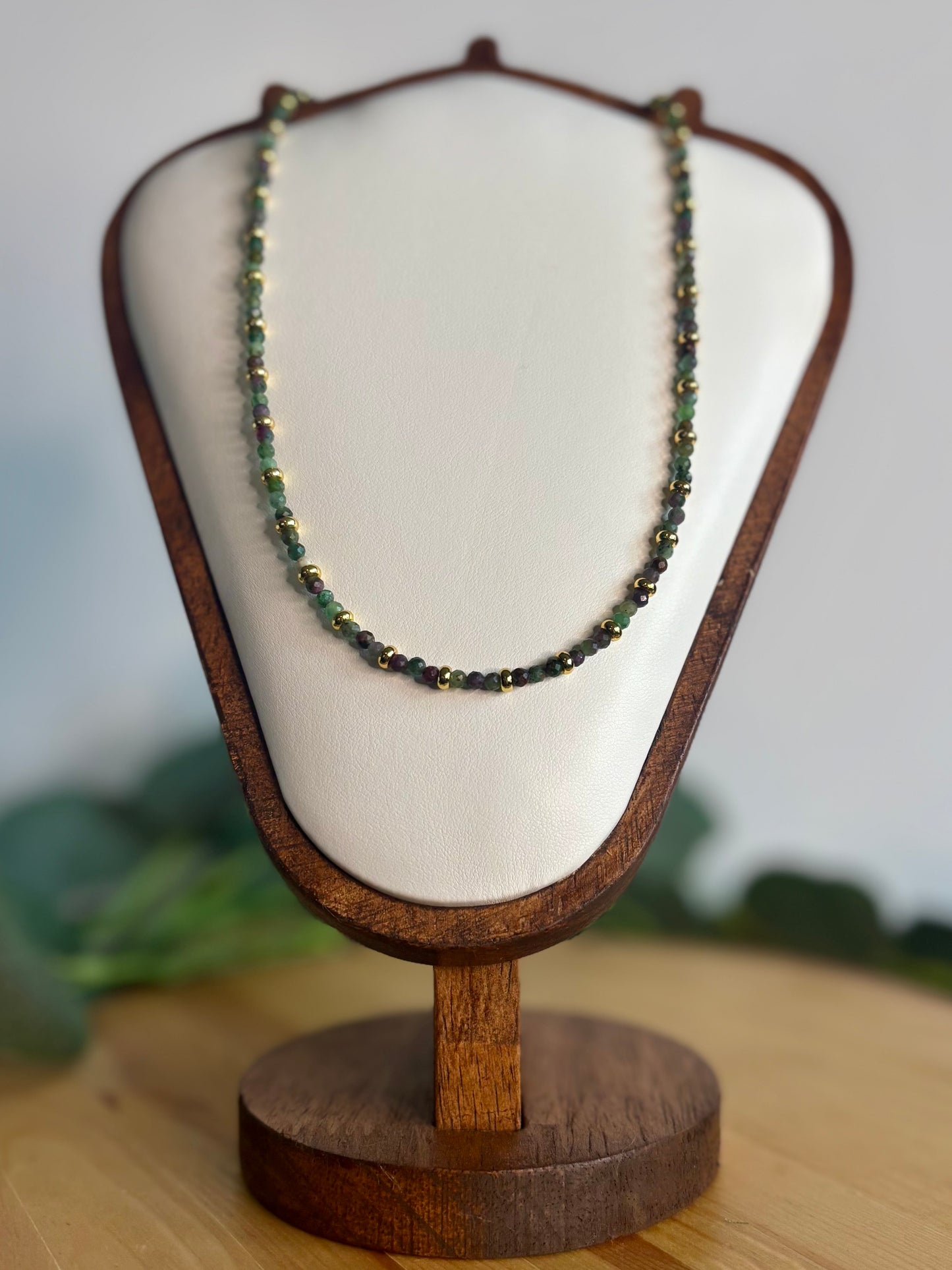 Hand Beaded Necklace - Dainty Ruby Fuchsite & Gold