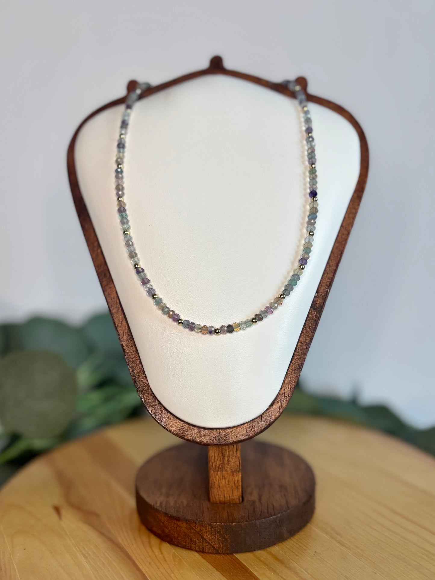 Hand Beaded Necklace - Dainty Rainbow Fluorite & Gold