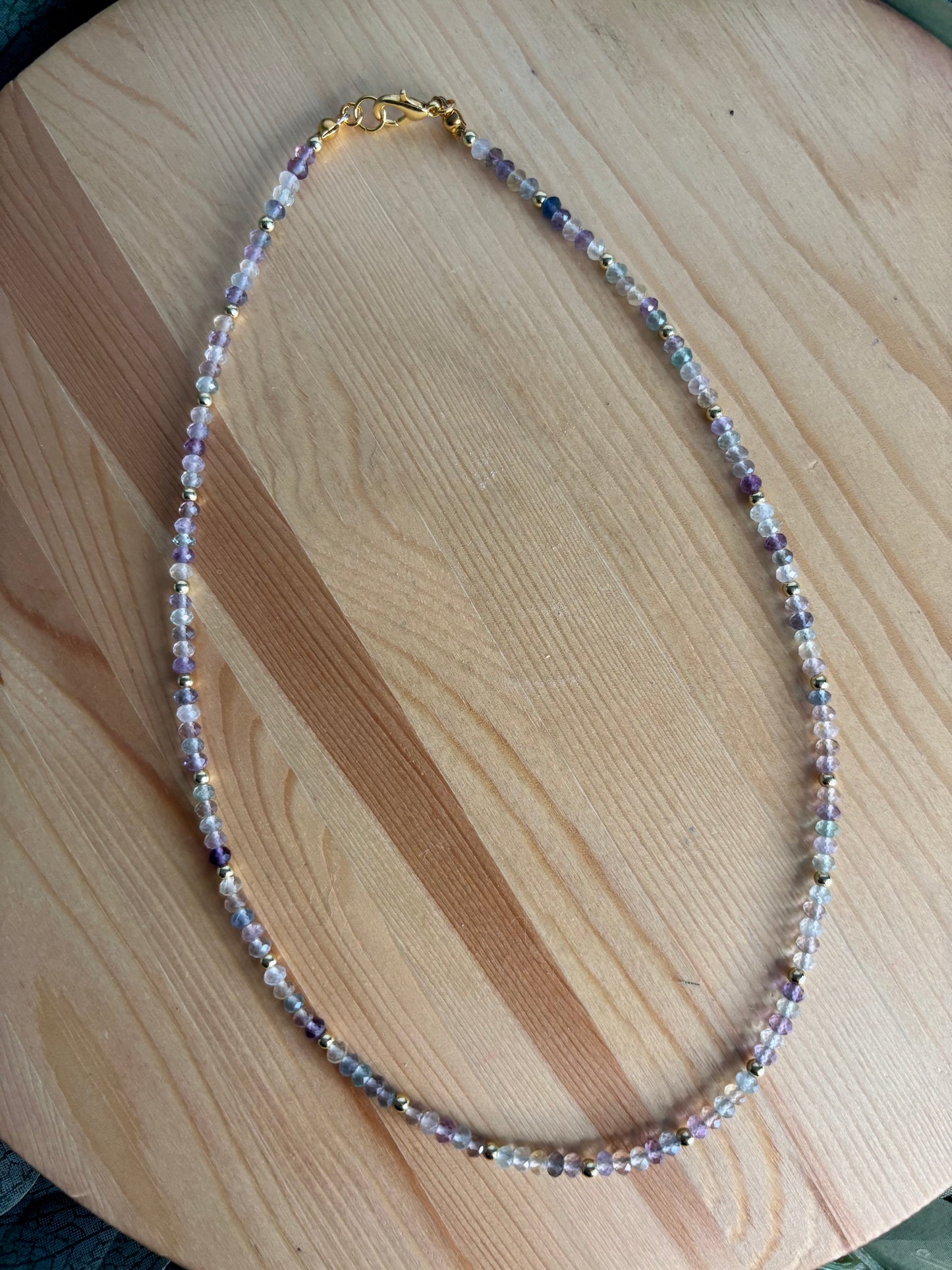 Hand Beaded Necklace - Dainty Rainbow Fluorite & Gold