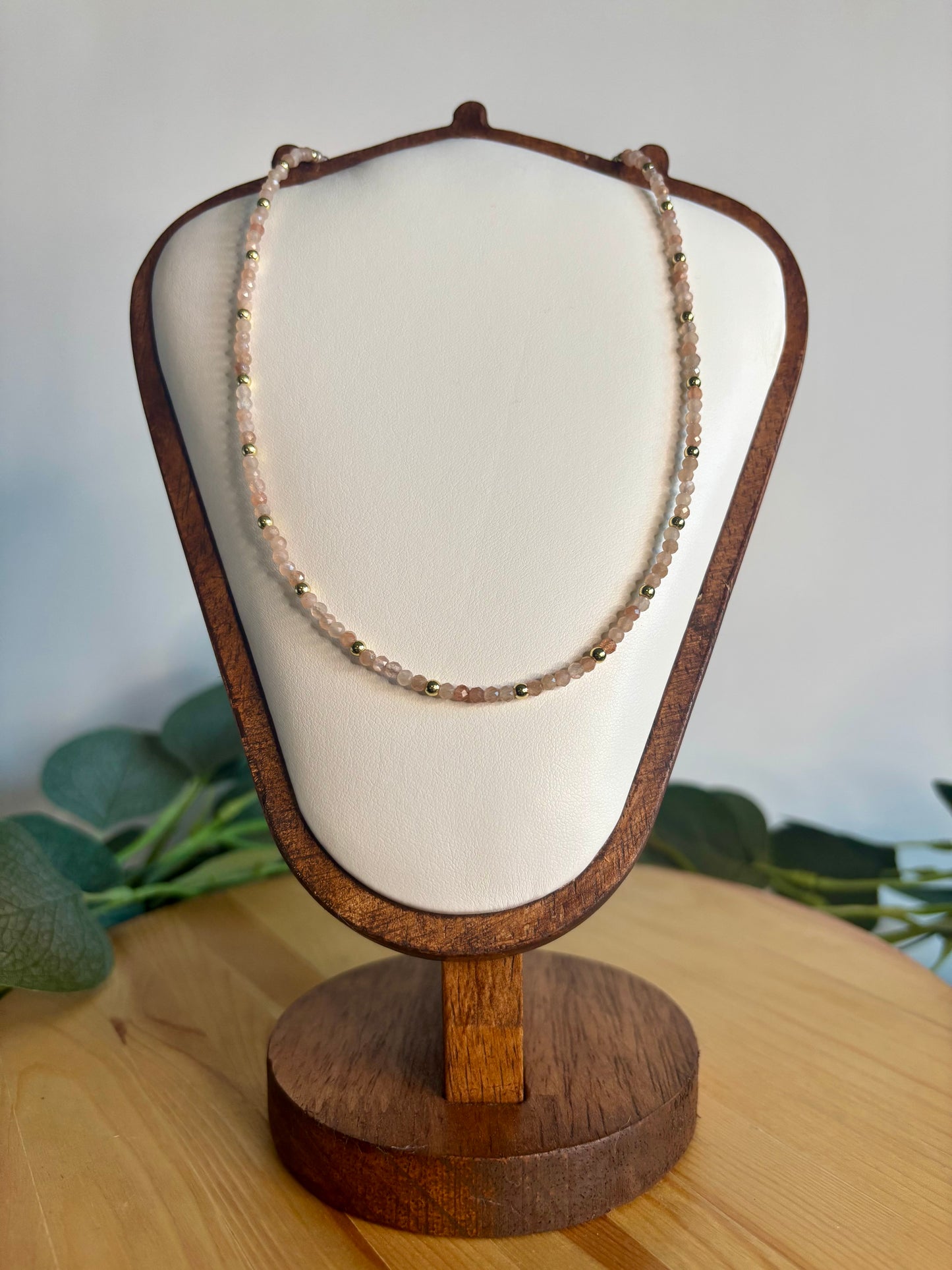 Hand Beaded Necklace - Dainty Peach Moonstone & Gold