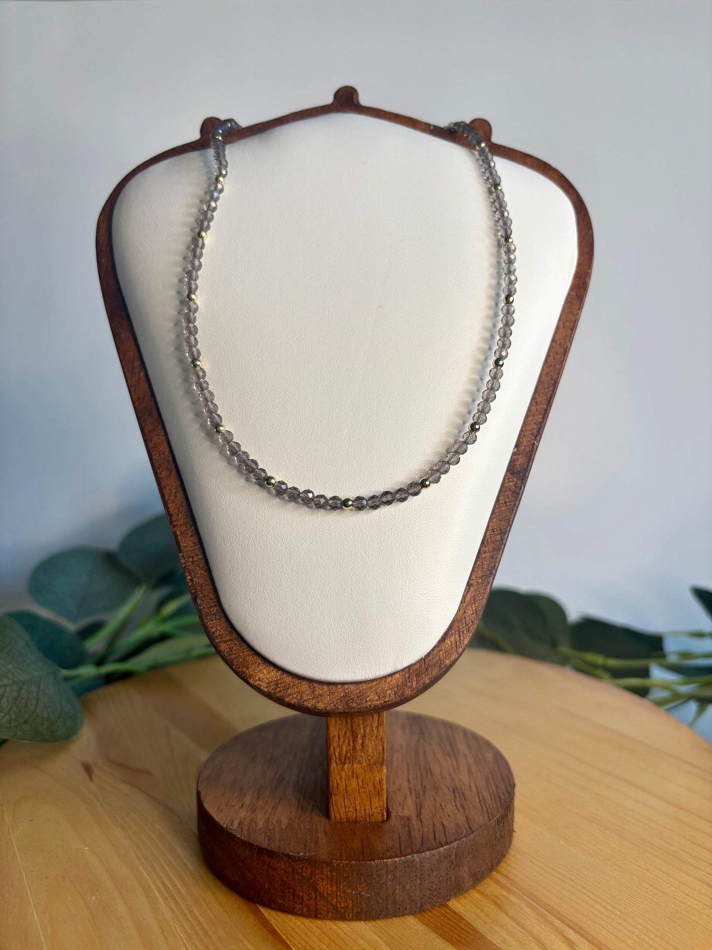 Hand Beaded Necklace - Smoky Quartz & Gold
