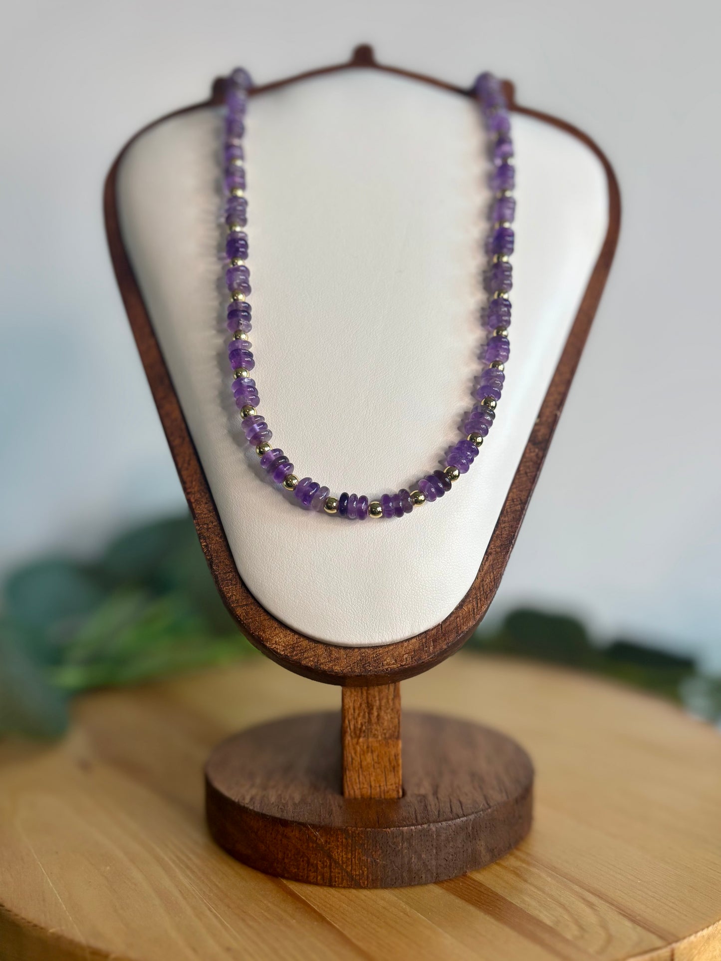 Hand Beaded Necklace - Amethyst Rondelle & Gold