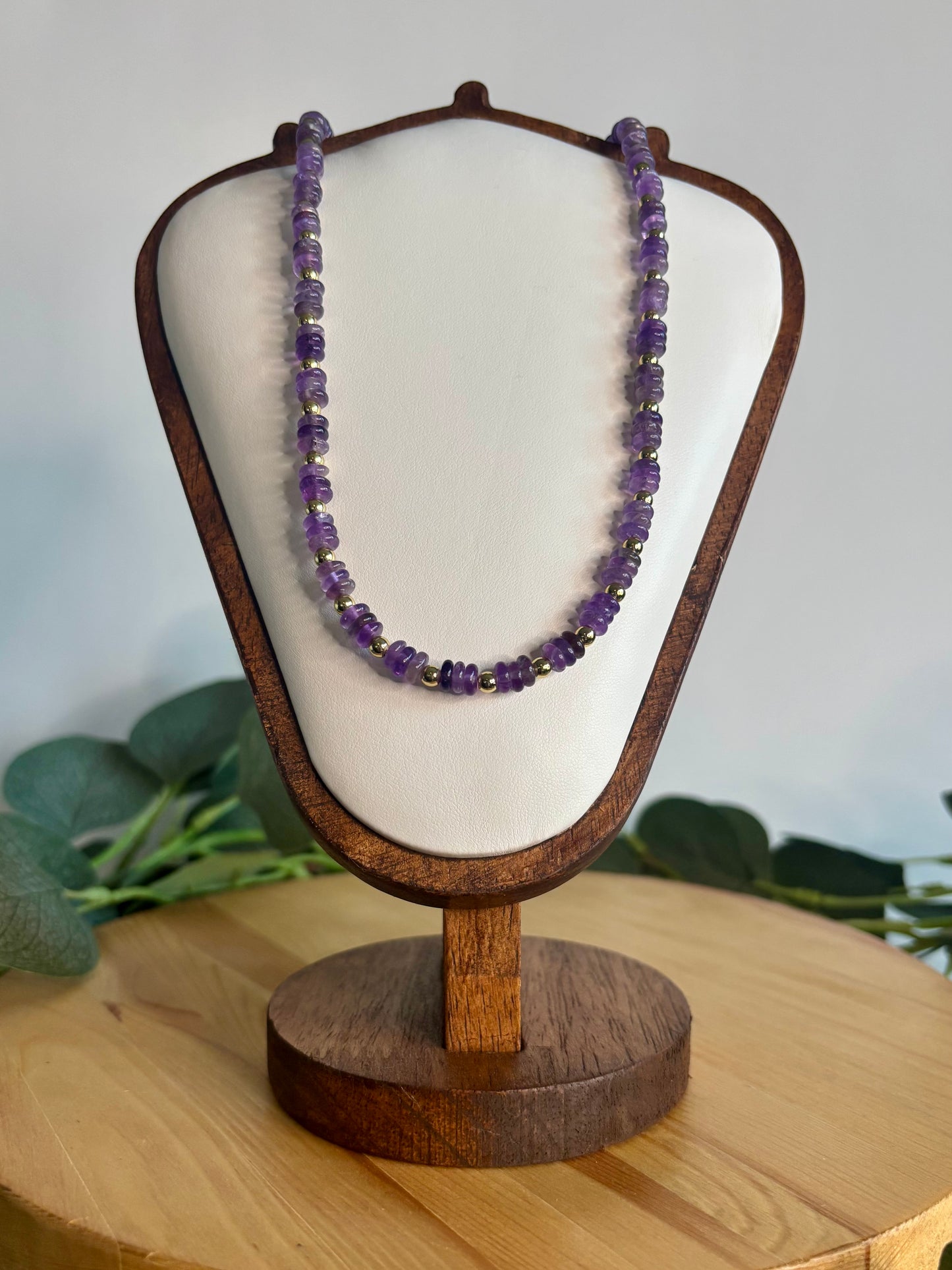 Hand Beaded Necklace - Amethyst Rondelle & Gold