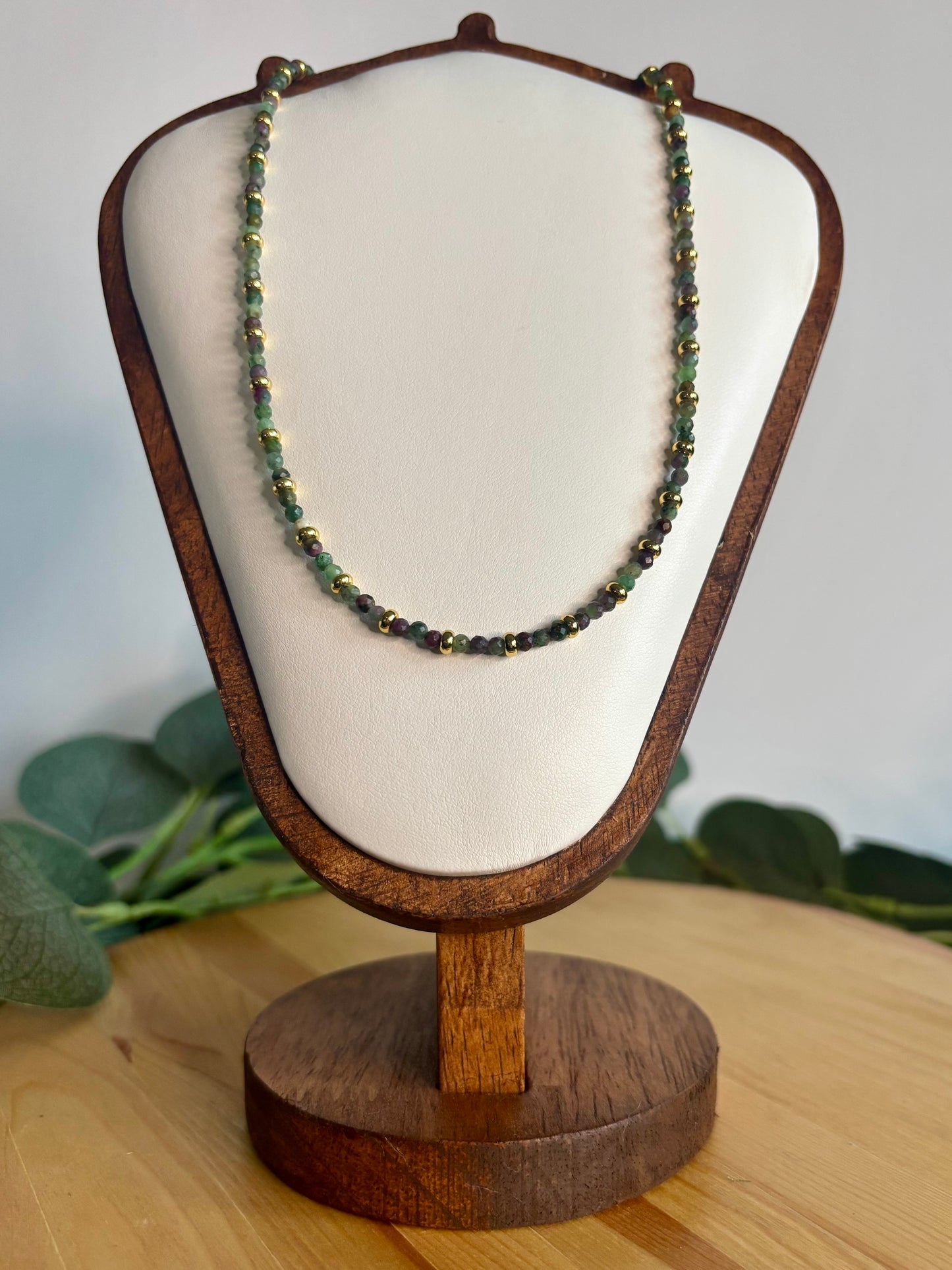 Hand Beaded Necklace - Dainty Ruby Fuchsite & Gold