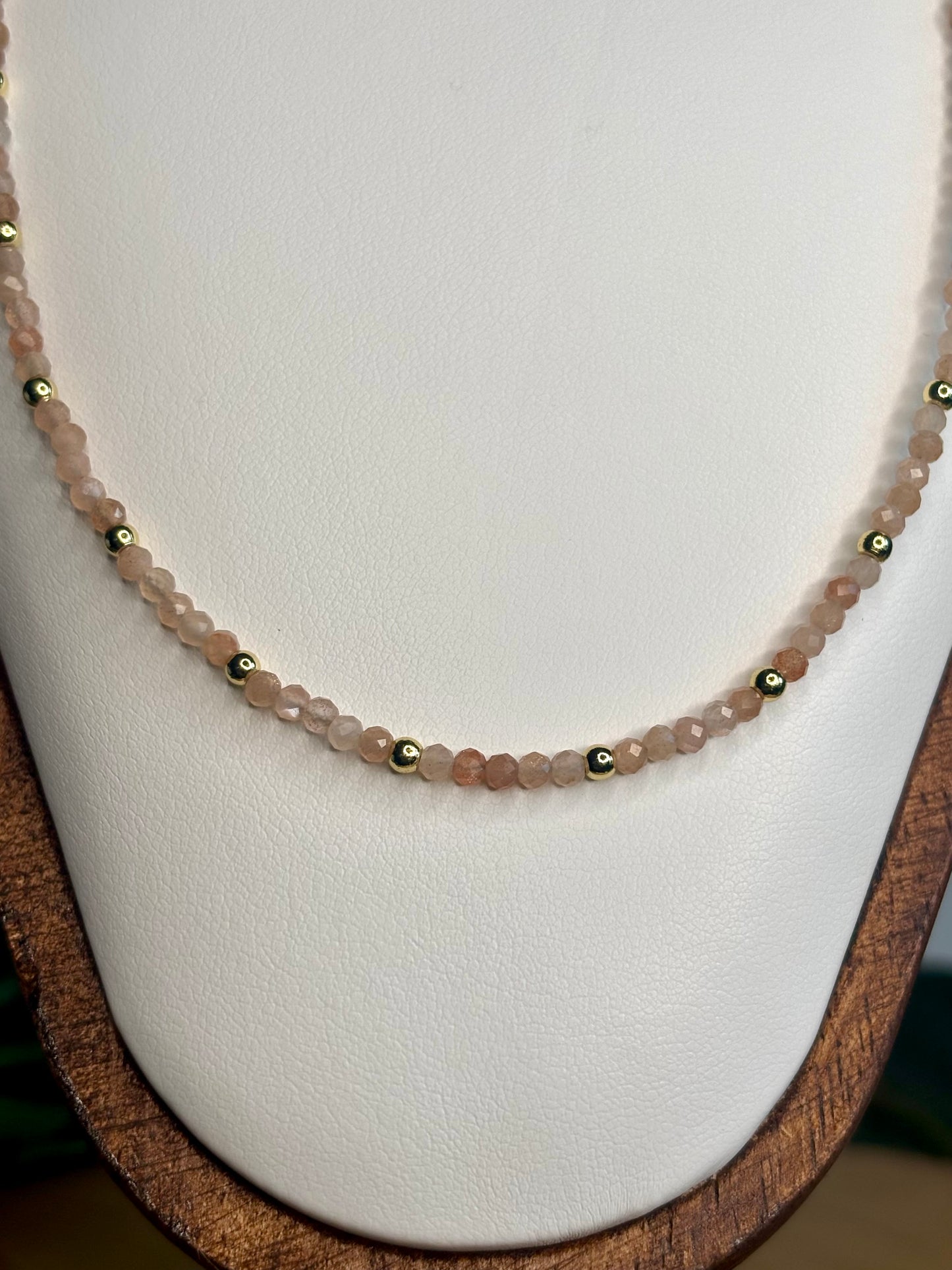 Hand Beaded Necklace - Dainty Peach Moonstone & Gold