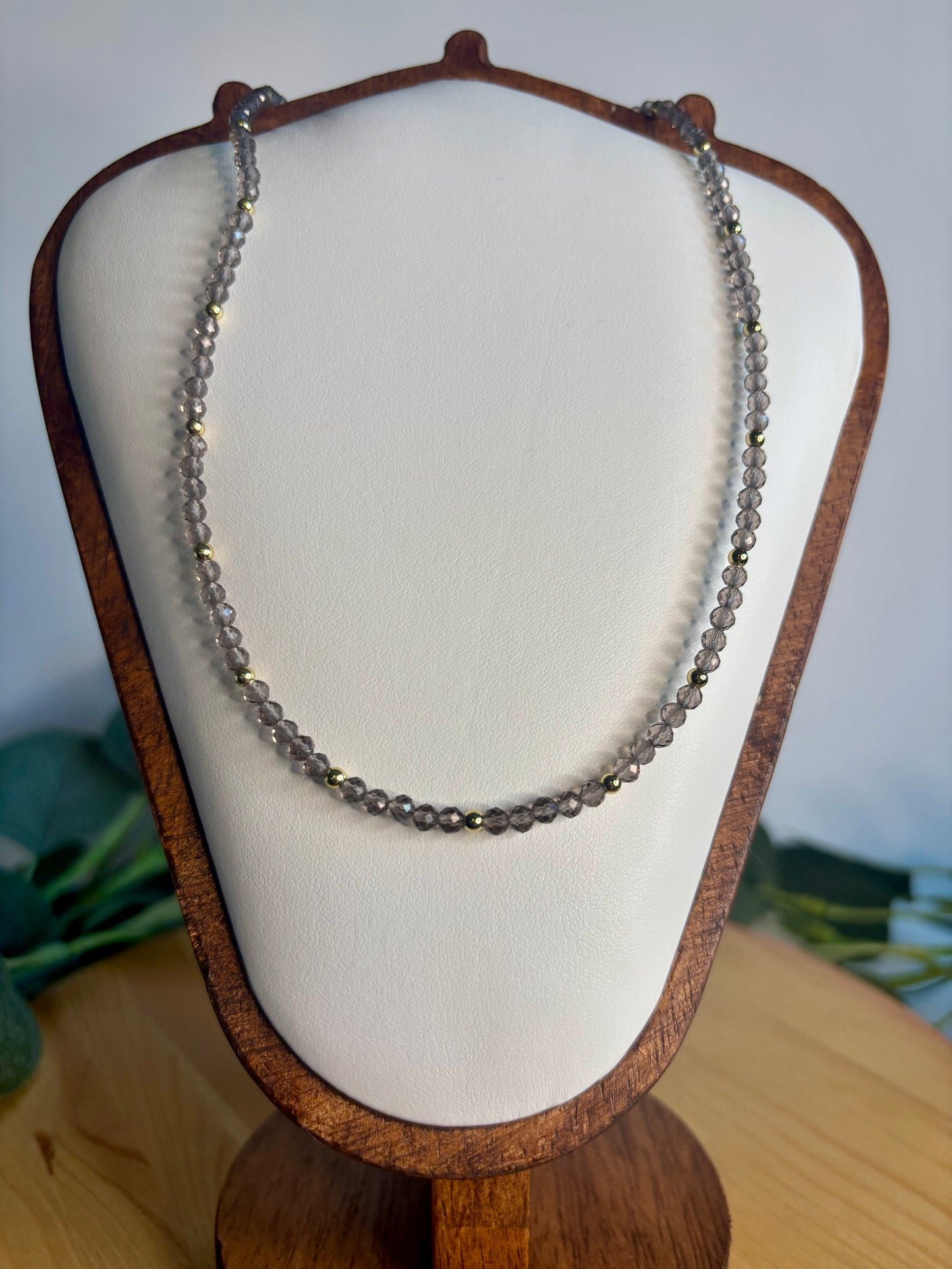Hand Beaded Necklace - Smoky Quartz & Gold