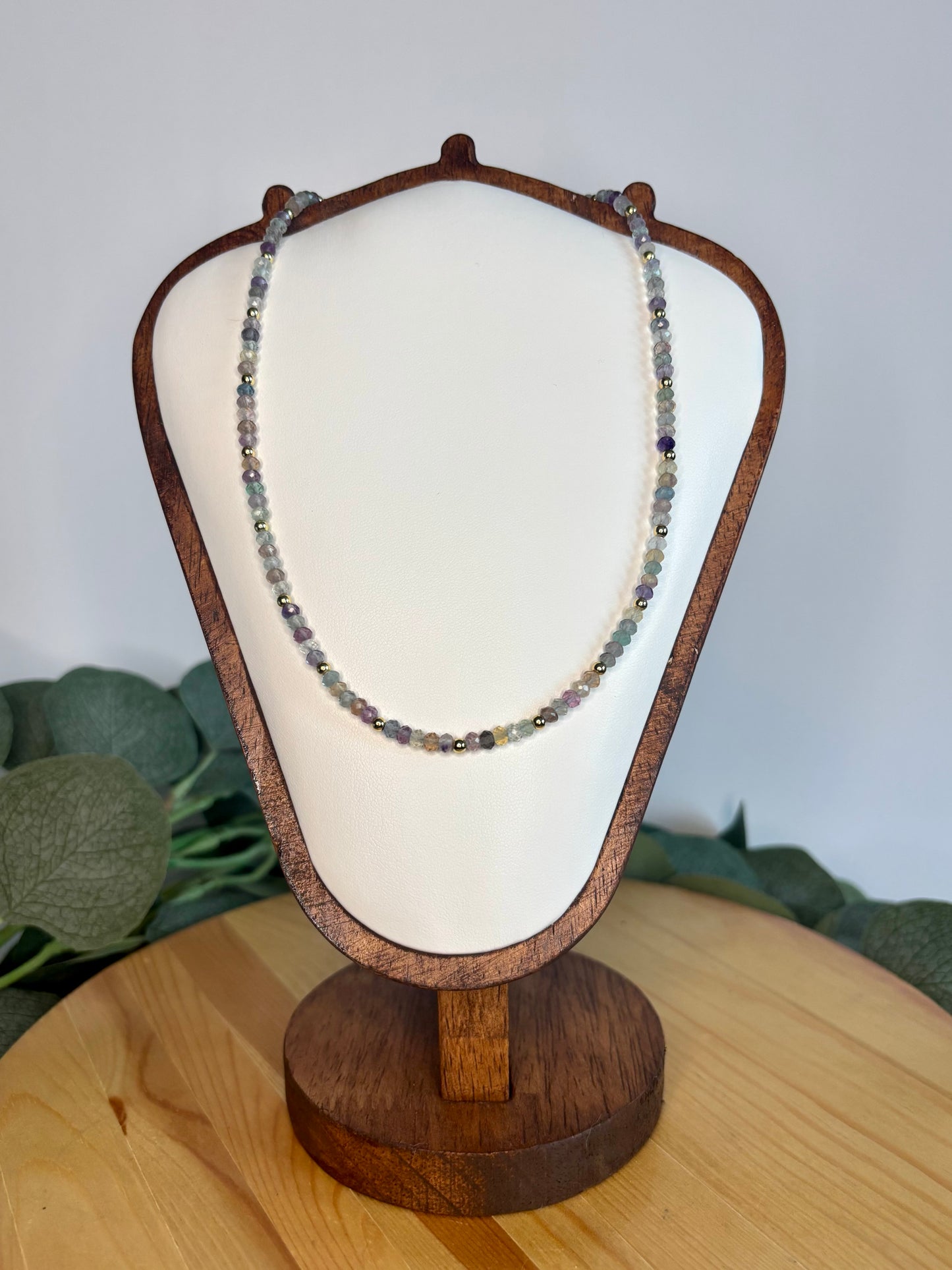 Hand Beaded Necklace - Dainty Rainbow Fluorite & Gold