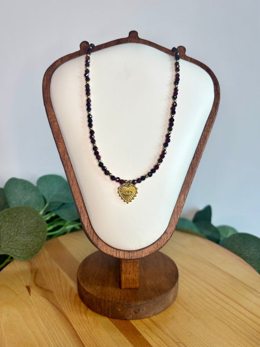 Hand Beaded Necklace - Garnet & Gold Evil Eye Charm