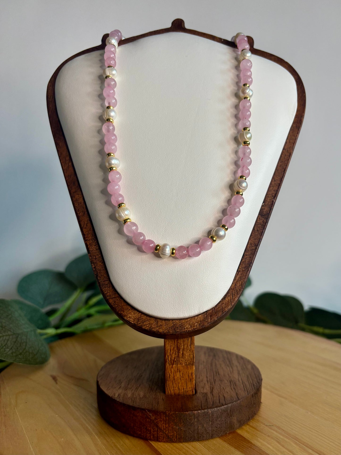 Hand Beaded Necklace - Rose Quartz, Cultured Pearl, 14k Gold